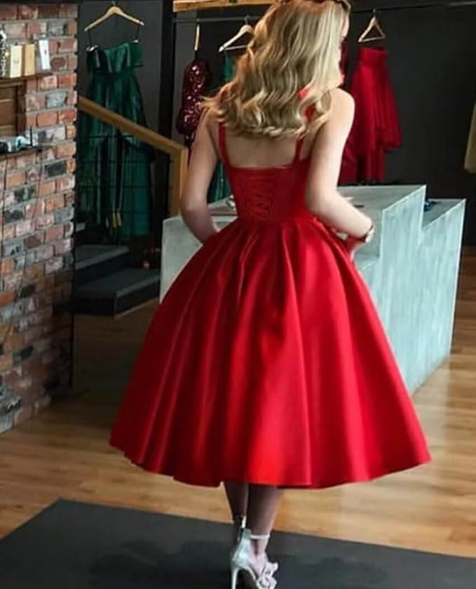 Vestido de baile vermelho linha na altura do joelho espartilho de cetim