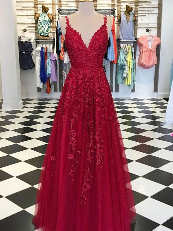 A Line Lace Burgundy Prom Dresses 2025 V Neck Sleeveless MyChicDress