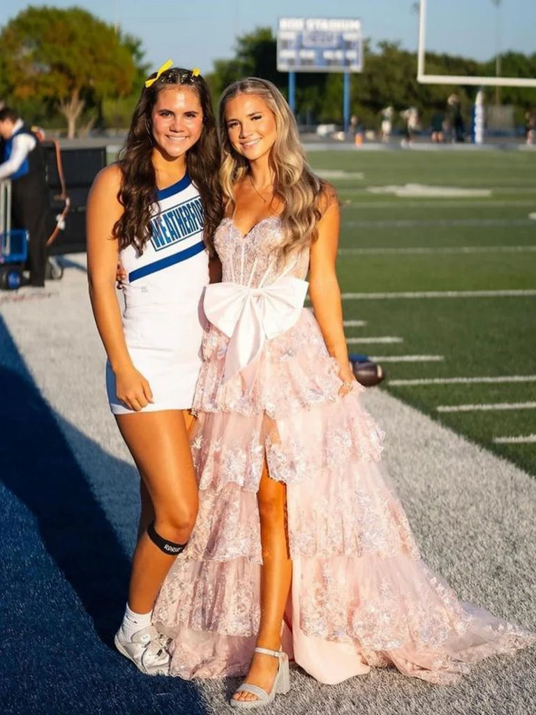 A Line Layered Pink Prom Dresses Lace V Neck with Bow Mychicdress