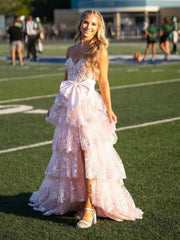 A Line Layered Pink Prom Dresses Lace V Neck with Bow