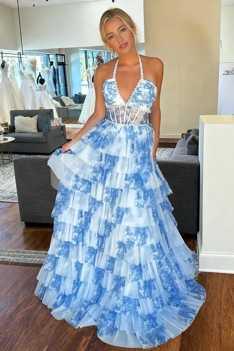 Cheap Long Corset Floral Prom Dress Blue Halter with Ruffles