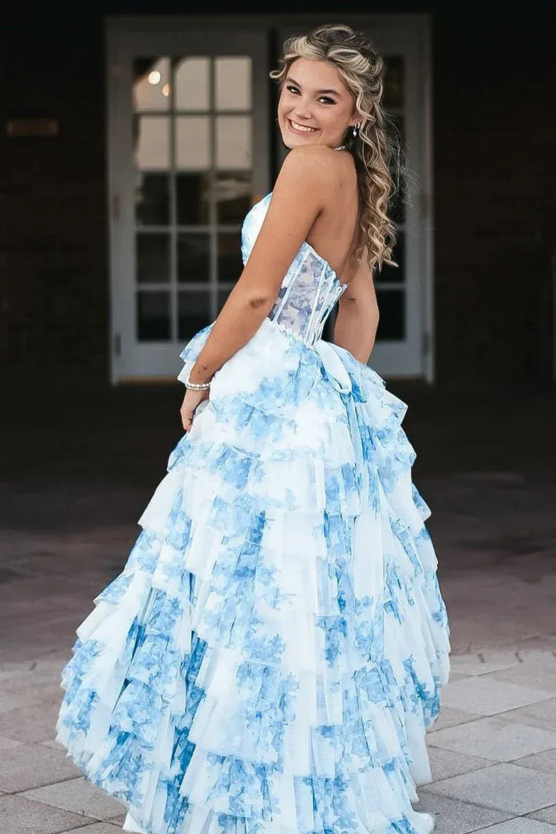 Cheap Long Corset Floral Prom Dress Blue Halter with Ruffles