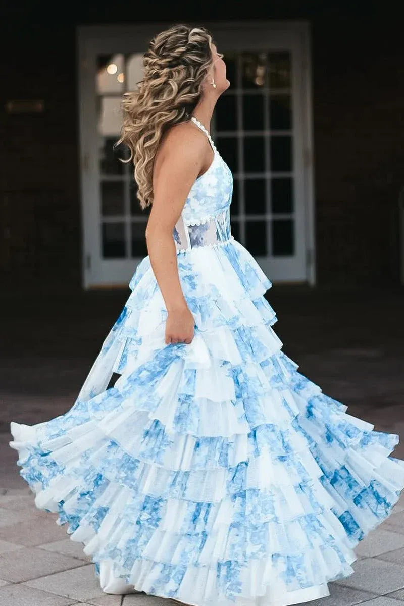Cheap Long Corset Floral Prom Dress Blue Halter with Ruffles