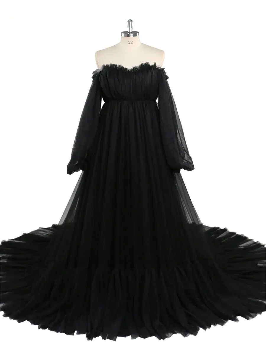 Uma linha fora do ombro verde sálvia vestido de baile longo tule vestido de casamento mangas bolha