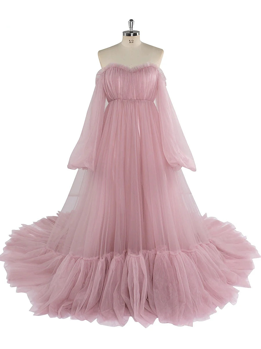 Uma linha fora do ombro verde sálvia vestido de baile longo tule vestido de casamento mangas bolha