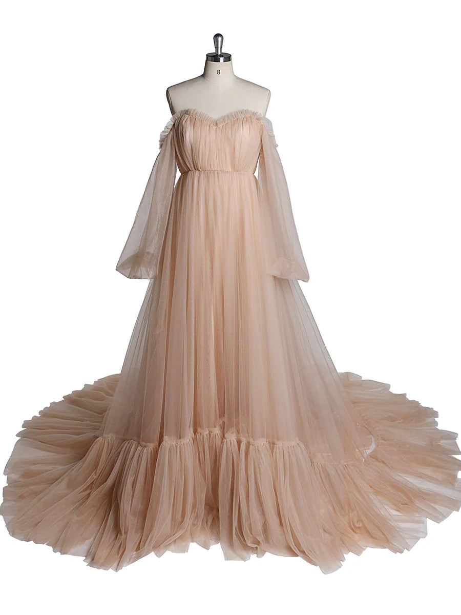 Uma linha fora do ombro verde sálvia vestido de baile longo tule vestido de casamento mangas bolha