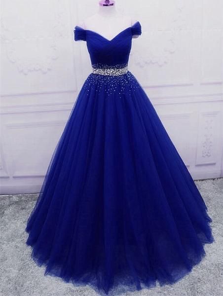 A Line Off the Shoulder Tulle Purple Prom Dresses with Beaded MyChicDress