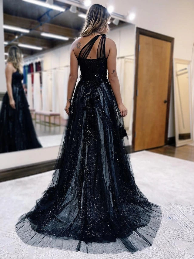 A-Line One Shoulder 2024 Prom Dresses Black Tulle Lace Formal Dress MyChicDress