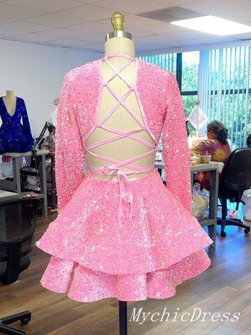 A Line Pink Cocktail Dresses Long Sleeve Sequin Homecoming Dresses V Neck MyChicDress