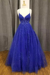 A-Line Royal Blue Formal Gown Long V-Neck Lace Prom Dress Applique MyChicDress