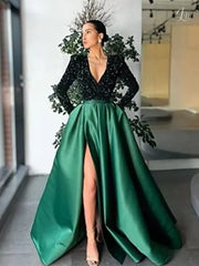 A Line Sequin green Prom Dresses Long Sleeve Winter Formal Dress MyChicDress