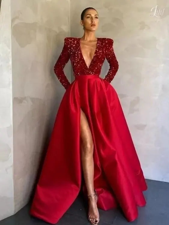 A Line Sequin red Prom Dresses Long Sleeve Winter Formal Dress MyChicDress