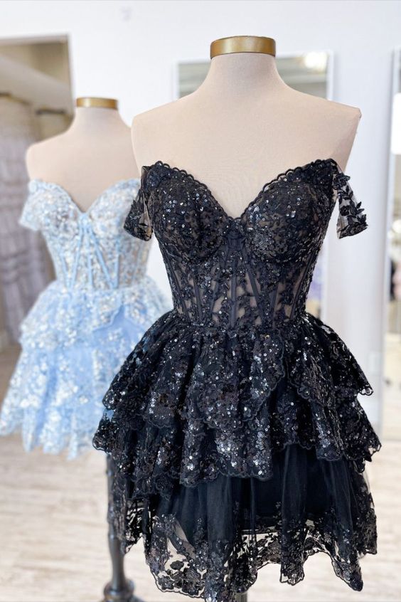 A-Line Short BLack Prom Dress Sheer Corset Bodice Homecoming dress MyChicDress