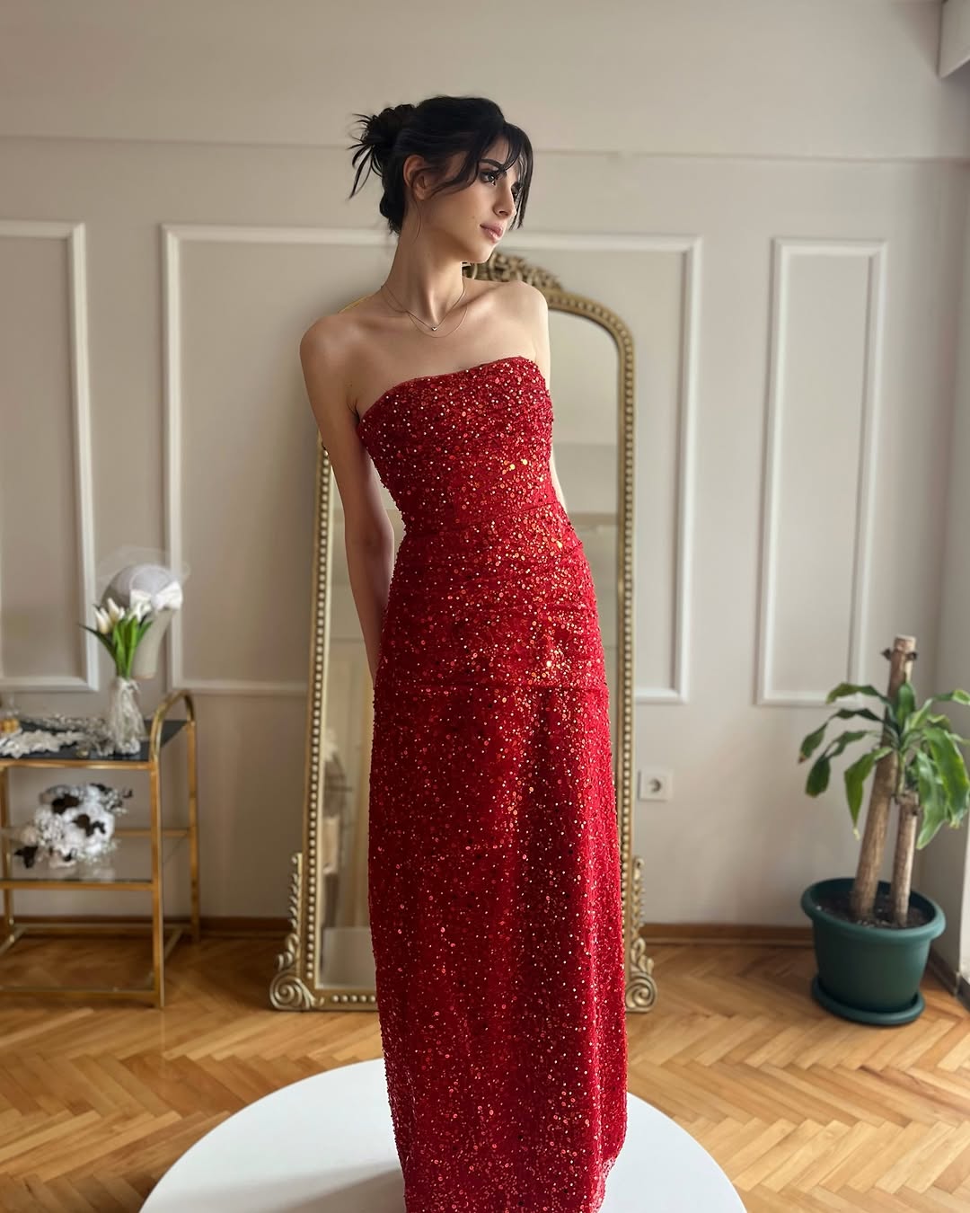 A Line Strapless Red Sequin Prom Dress Long Evneing Gown UK