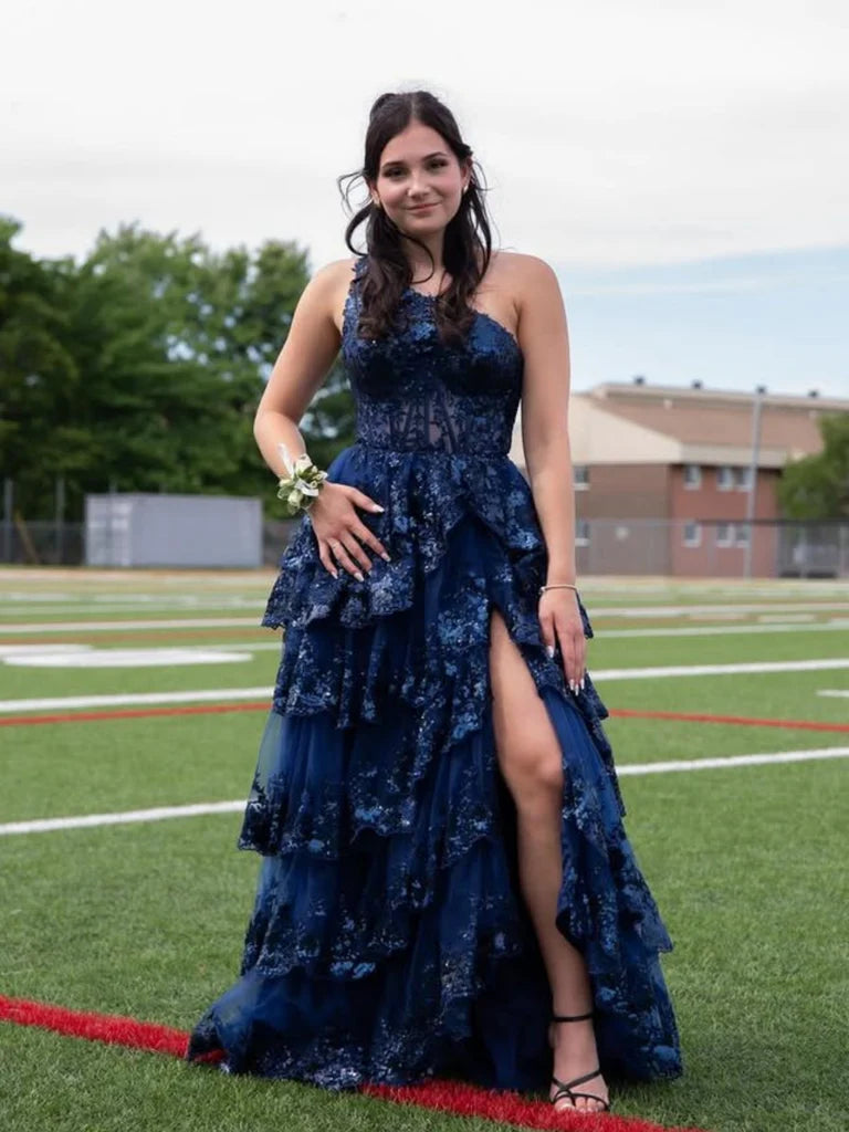 A-Line Tiered Navy Blue Sequin-Embroidery Prom Dress Ruffle Skirt with Slit