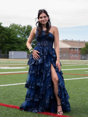 A-Line Tiered Navy Blue Sequin-Embroidery Prom Dress Ruffle Skirt with Slit
