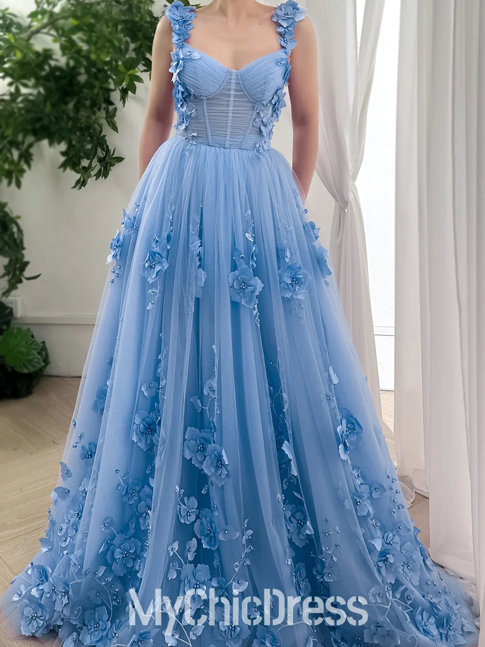 A Line Tulle Floral Blue Prom Dresses Near Me Straps Sleeveless Mychicdress