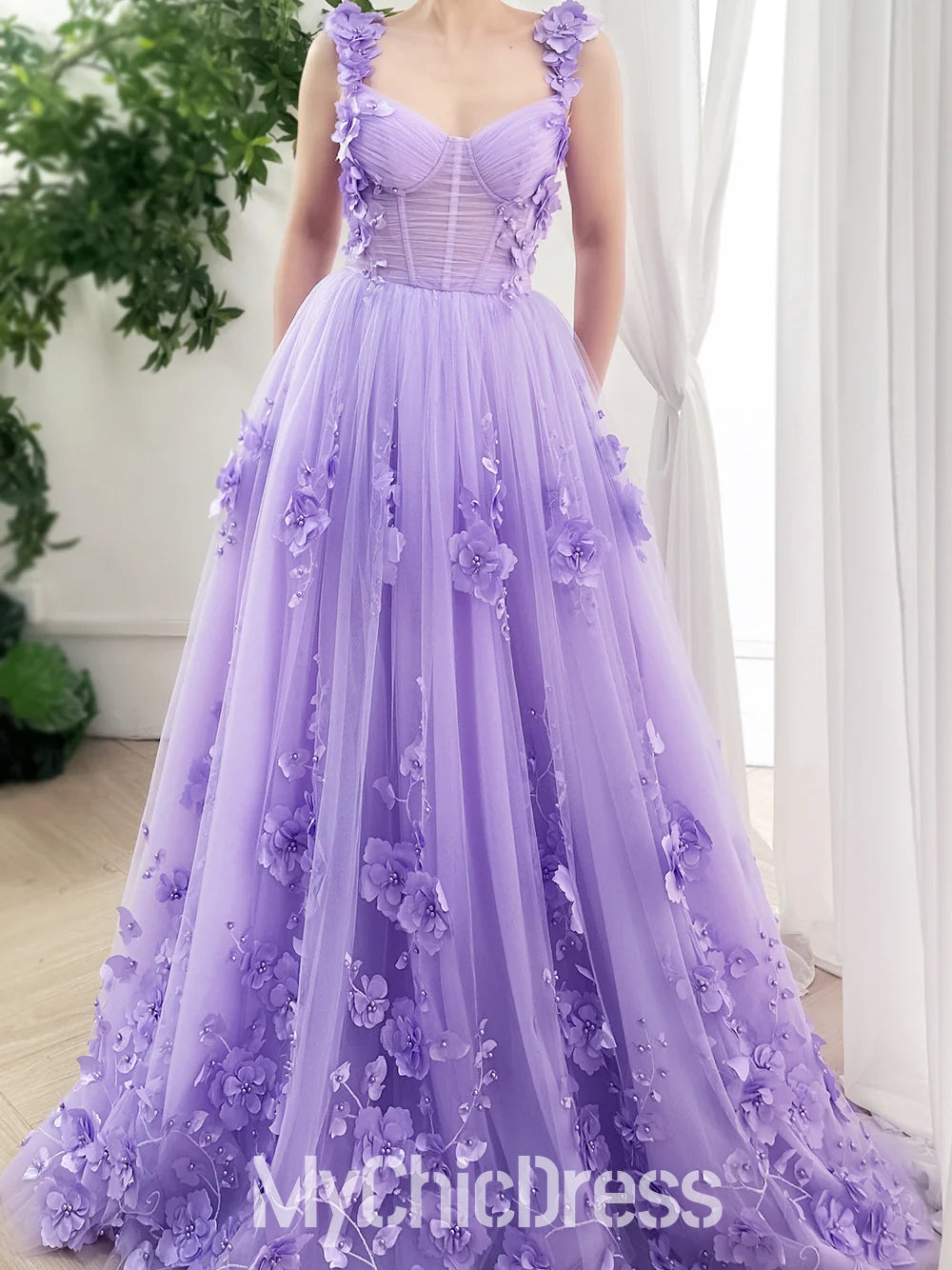 A Line Tulle Floral Lilac Prom Dresses Near Me Straps Sleeveless Mychicdress