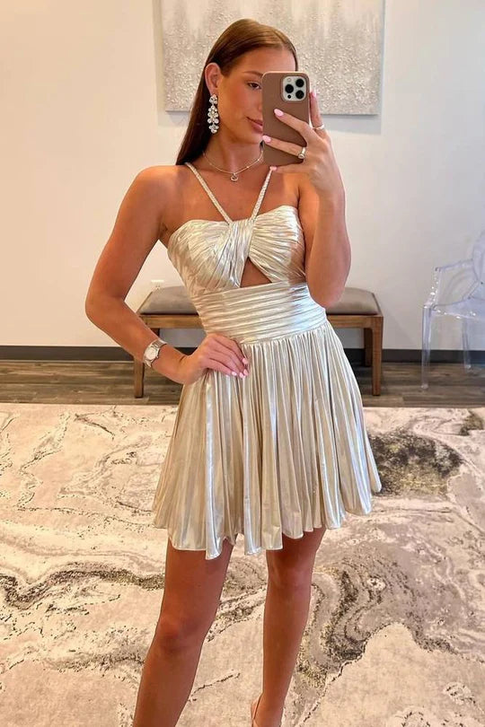 A Line Unique Gold Metallic Homecoming Dress Short Halter With Keyhole