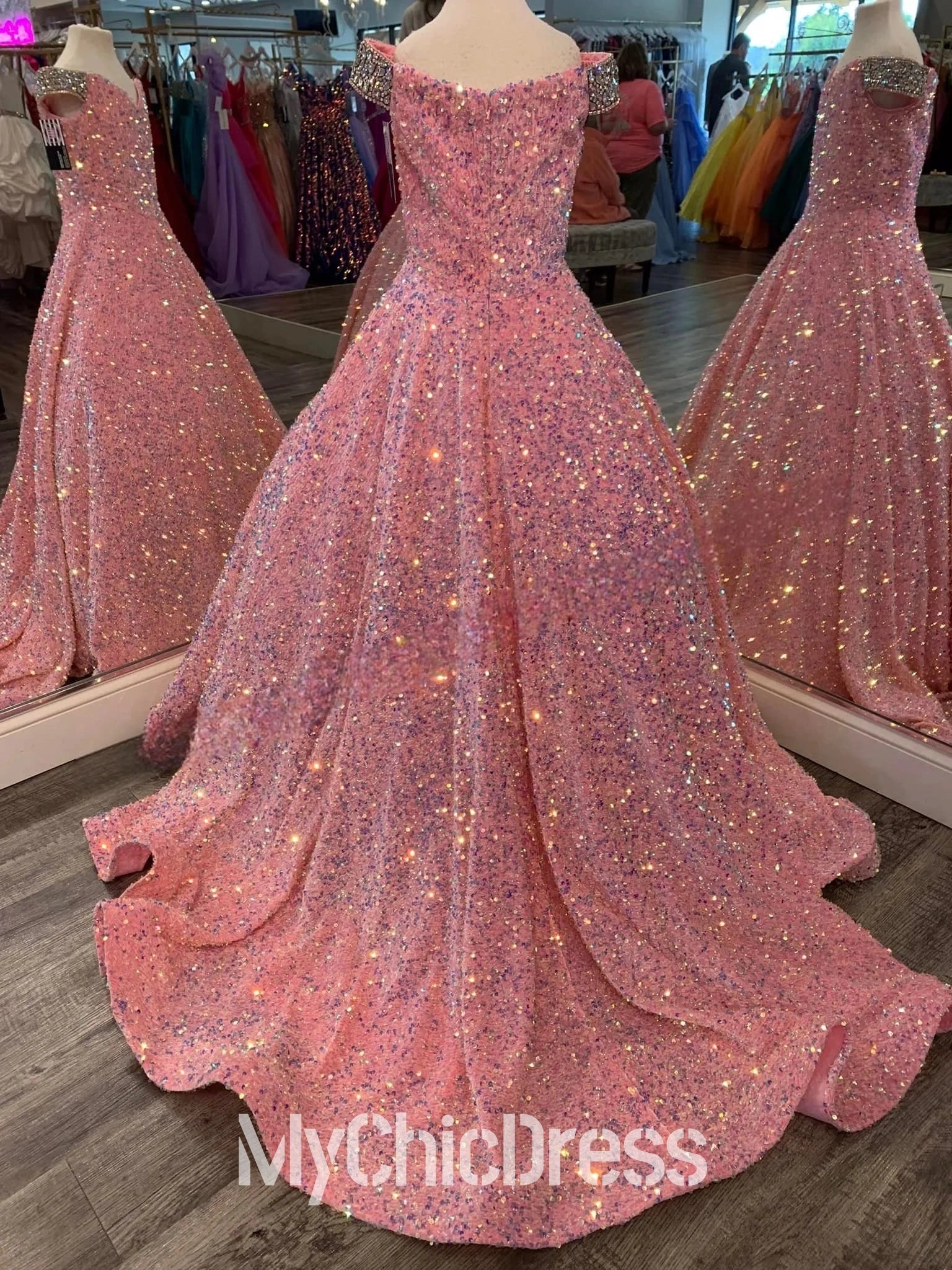 A-Line White Iridescent Sequin Girl Pageant Dress Off-the-Shoulder