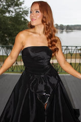 A-Line Black Prom Dress Satin Strapless Scoop Neck with Bow