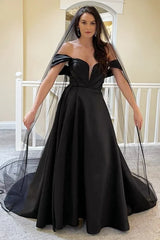 A-Line Black Satin Wedding Dress Pleated Off-the-Shoulder with wedding veil