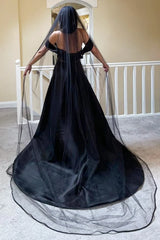 A-Line Black Satin Wedding Dress