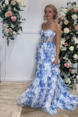 A-Line Blue Floral Prom Dresses 2025 Tiered Corset Printed Sweetheart