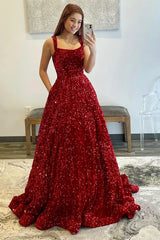 A-line Burgundy Velvet Sequins Prom Dress with Pockets Sweep Train