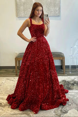 A-line Burgundy Velvet Sequins Prom Dress with Pockets Sweep Train