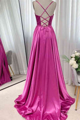 A-Line Fuchsia Prom Dress 2025 Ruched Long Evening Dress Spaghetti Straps - MyChicDress