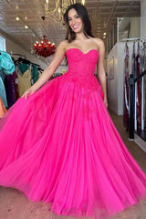 2024 A-Line Hot Pink Prom Dresses Long Evening Dress Sweetheart with Appliques