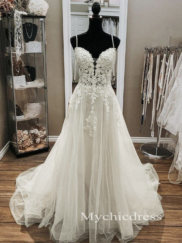 A-Line Lace Beach Wedding Dresses Sleeveless V-neck Tulle Applique - MyChicDress