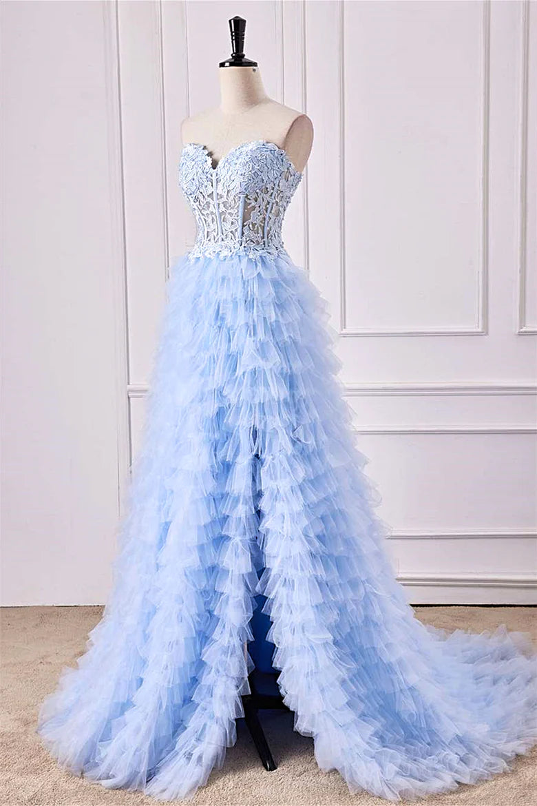A-Line Light Blue Lace Ruffle Prom Dress Corset Sweetheart Strapless - MyChicDress