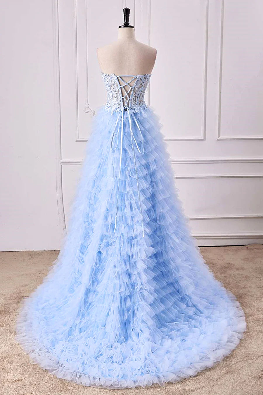 A-Line Light Blue Lace Ruffle Prom Dress Corset