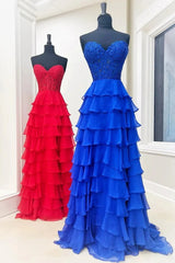 A-Line Long Corset Royal Blue Tiered Formal Dresses