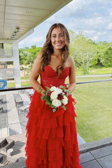 A-Line Long Corset Red Tiered Formal Dresses