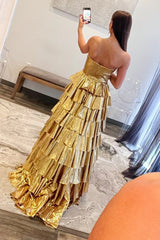 A-Line Metallic Gold Prom Dress Tiered Ruffle Sweetheart