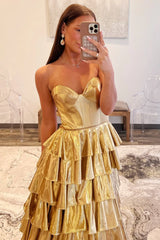 A-Line Metallic Gold Prom Dress Tiered Ruffle Sweetheart