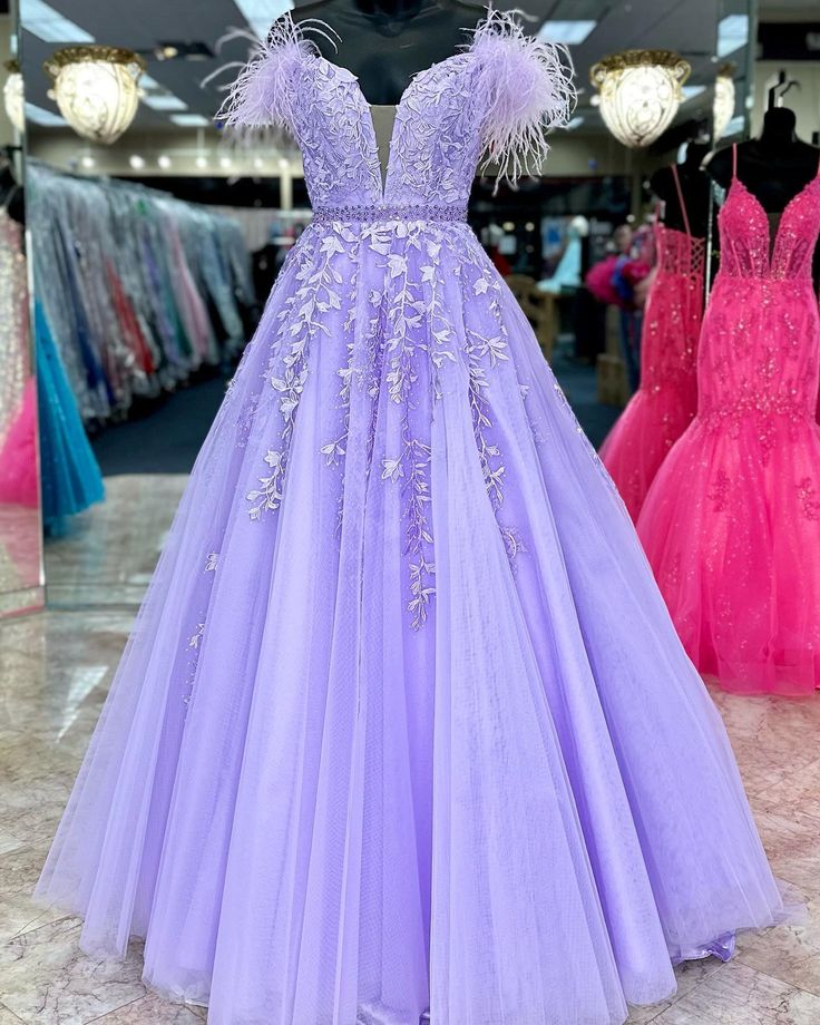 A-Line Off-the-Shoulder Lilac Lace Prom Dresses Appliques Feathers - MyChicDress