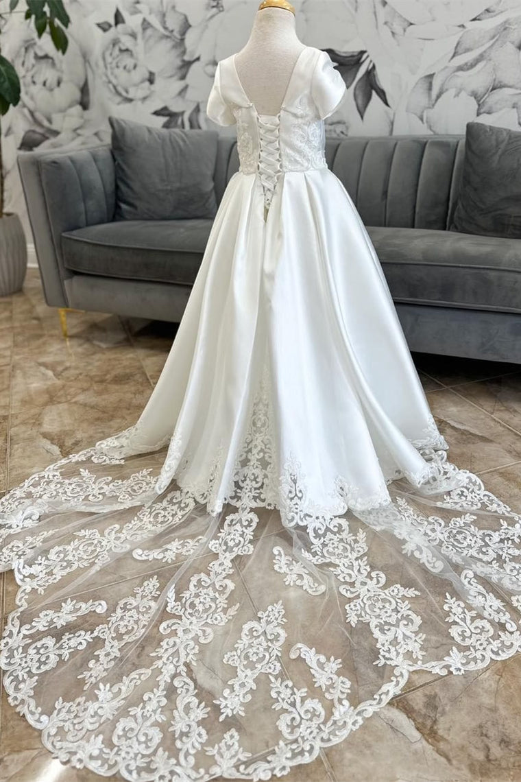 A-Line Satin Embroidery Flower Girl Dress Lace-Up Back Sweep Train - MyChicDress