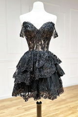 A-Line Short Black Prom Dress Sheer Corset Bodice Homecoming dress