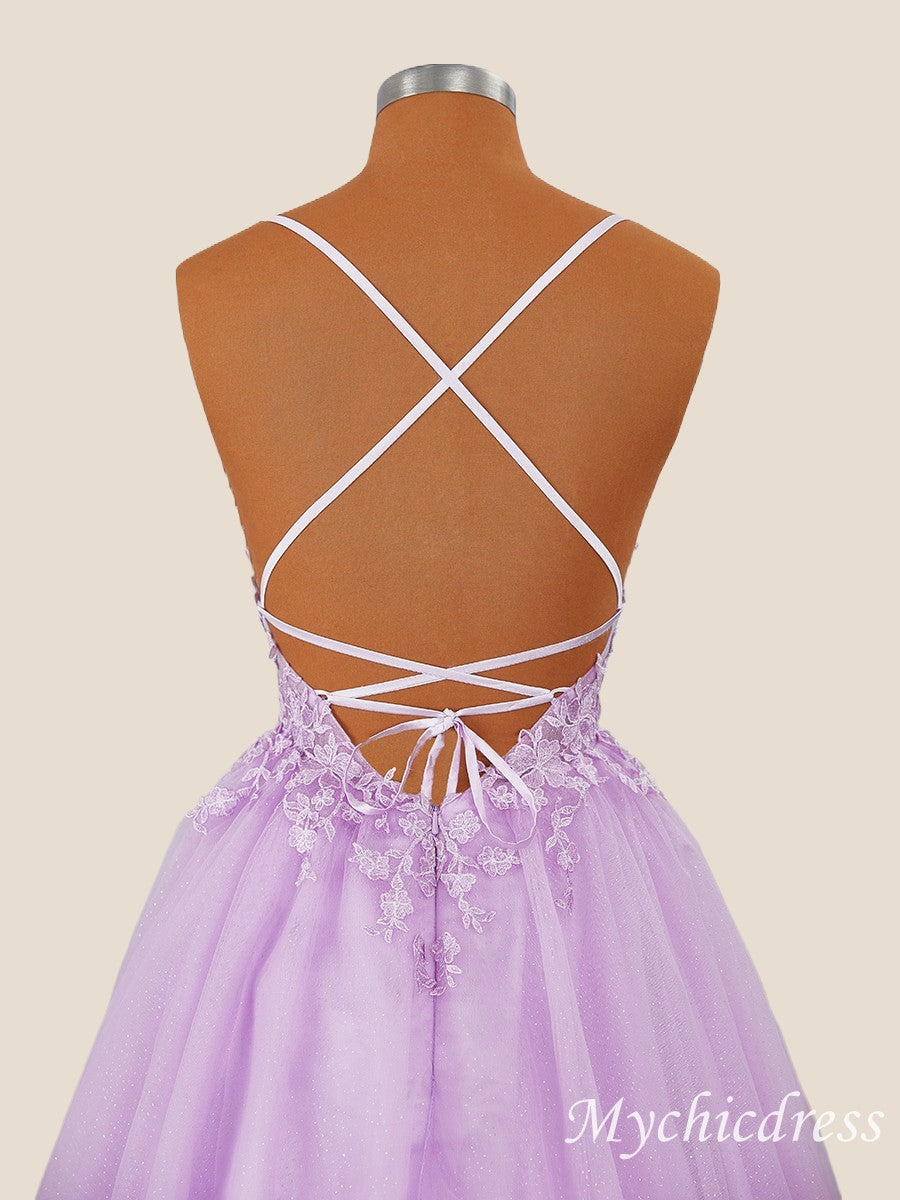 A-Line Short Lilac Homecoming Dress Straps with Appliques - MyChicDress