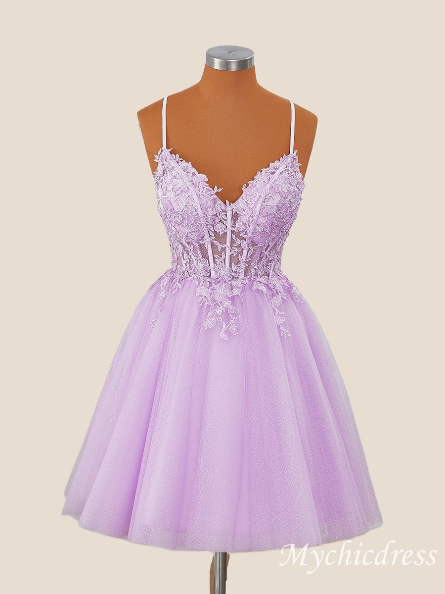 A-Line Short Lilac Homecoming Dress Straps with Appliques - MyChicDress