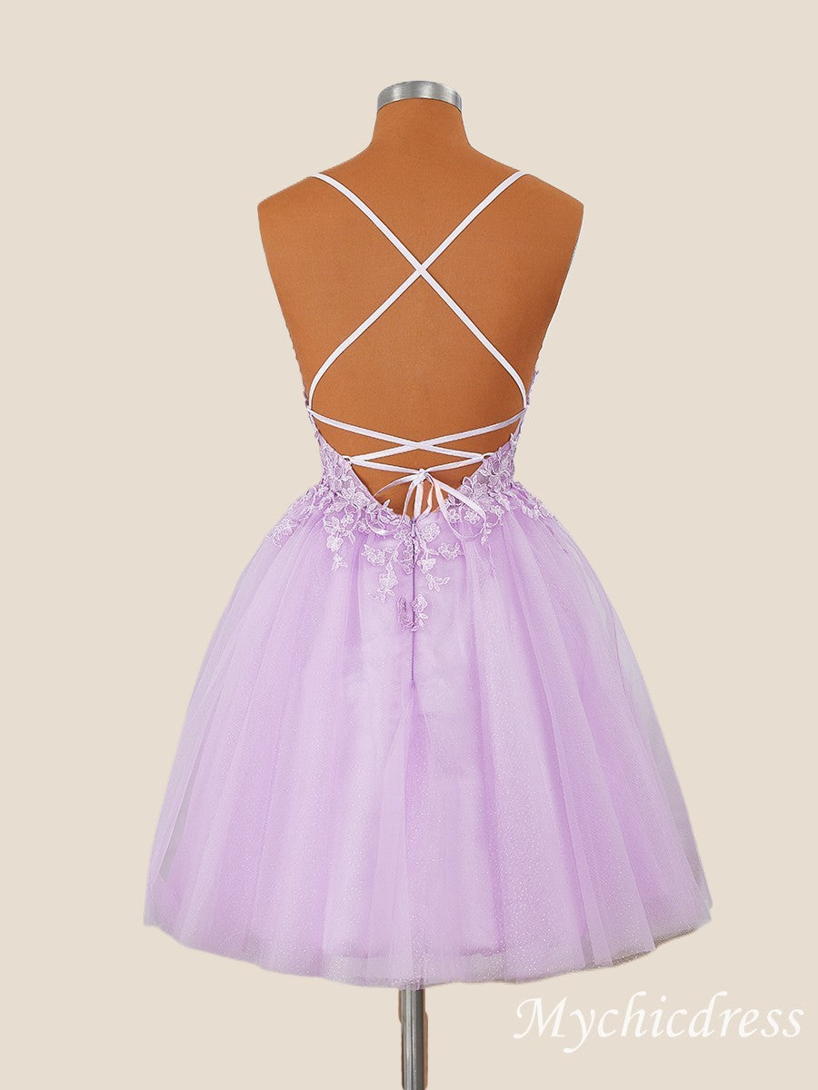 A-Line Short Lilac Homecoming Dress Straps with Appliques - MyChicDress