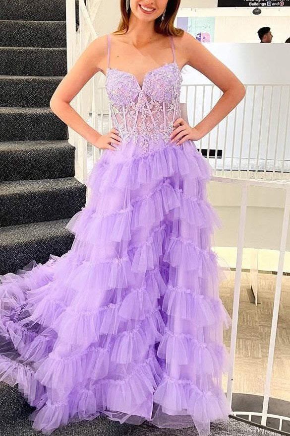 A-Line Tiered Lilac Puffy Prom Dresses Layered Tulle Spaghetti Straps V-Neck
