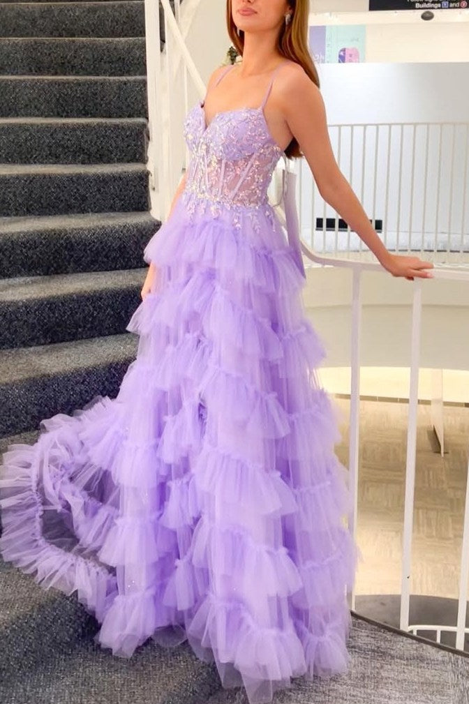 A-Line Tiered Lilac Puffy Prom Dresses Layered Tulle Spaghetti Straps V-Neck