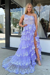 A-Line Tiered Lilac Sequin-Embroidery Prom Dress Ruffle Skirt with Slit - MyChicDress