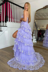 A-Line Tiered Lilac Sequin-Embroidery Prom Dress Ruffle Skirt with Slit - MyChicDress