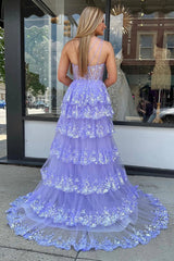 A-Line Tiered Lilac Sequin-Embroidery Prom Dress Ruffle Skirt with Slit - MyChicDress